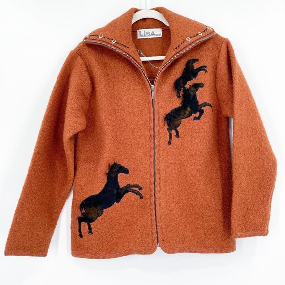 Lisa international Jackets & Blazers - Lisa International Medium Jacket Sweater Zip Horse Beaded Horseshoe Western Rust